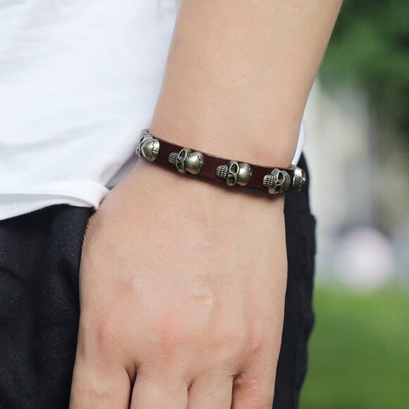 3/$35 Men's Brown Faux Leather Silver Skull Stud Punk Rock Biker Goth Bracelet - Picture 4 of 7